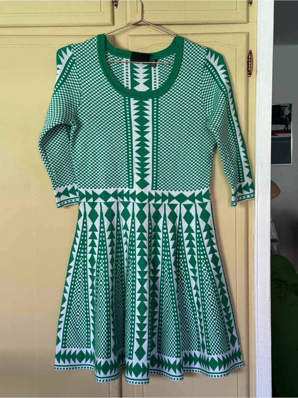 Green & White Geometric Fit-and-Flare Junior Dress